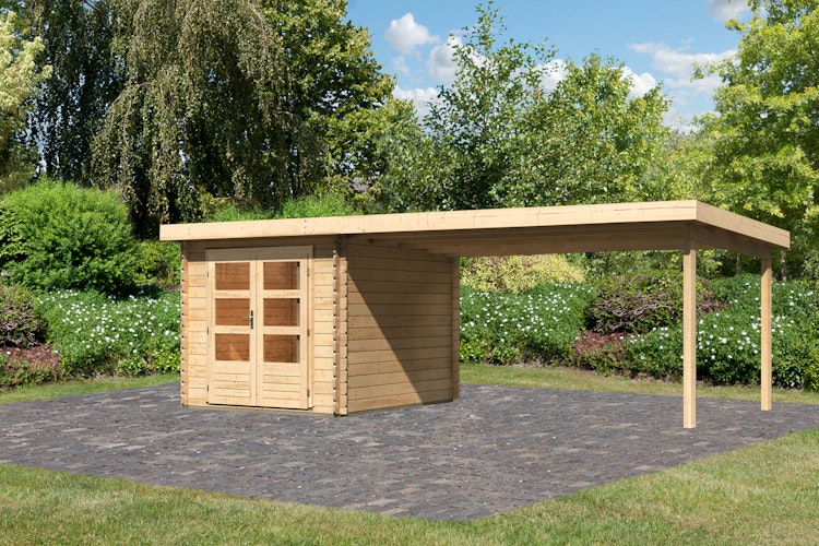 Karibu Woodfeeling Gartenhaus Bastrup 4 naturbelassen - 28 mm inkl. gratis Innenraum-Pflegebox im Wert von 99€ Bild