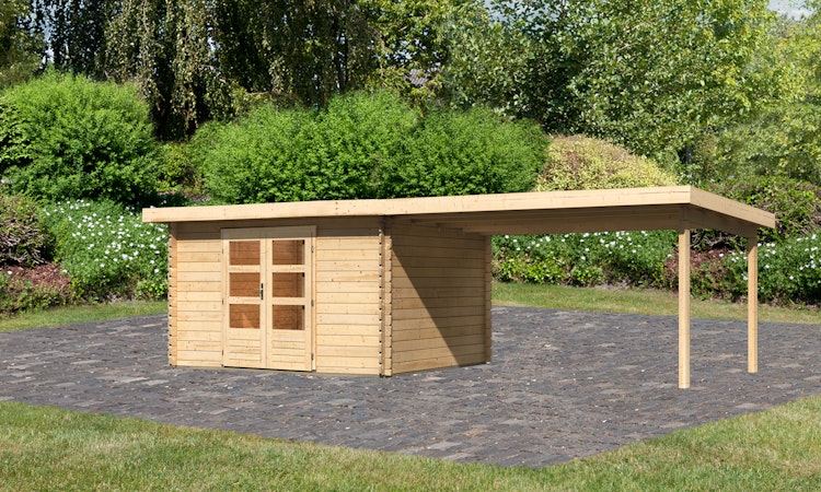 Karibu Woodfeeling Gartenhaus Bastrup 7 naturbelassen - 28 mm inkl. gratis Innenraum-Pflegebox im Wert von 99€ Bild