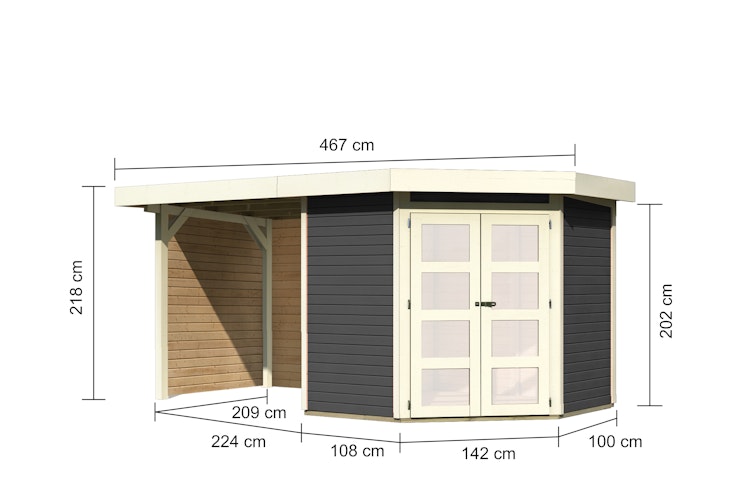 Karibu Gartenhaus Goldendorf 3/5 mit 240 cm Schleppdach + Seiten- und Rückwand - 19 mm inkl. gratis Innenraum-Pflegebox im Wert von 99€