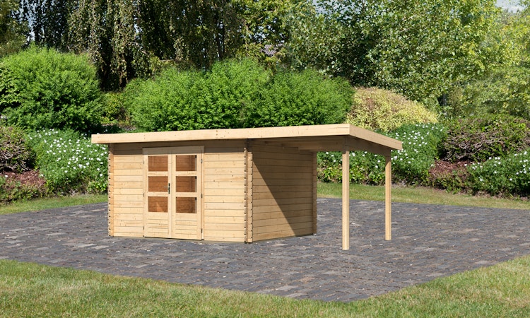 Karibu Woodfeeling Gartenhaus Bastrup 7 naturbelassen - 28 mm inkl. gratis Innenraum-Pflegebox im Wert von 99€ Bild