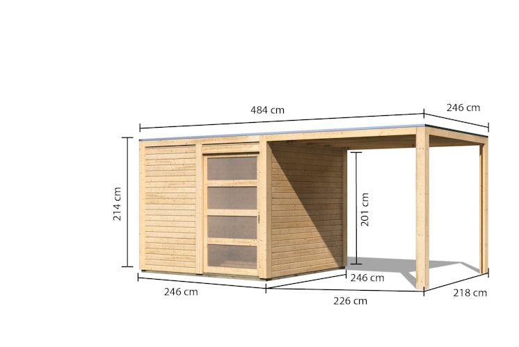 Karibu Gartenhaus Qubic 1 mit Schiebetür und 240 cm Anbaudach - 19 mm