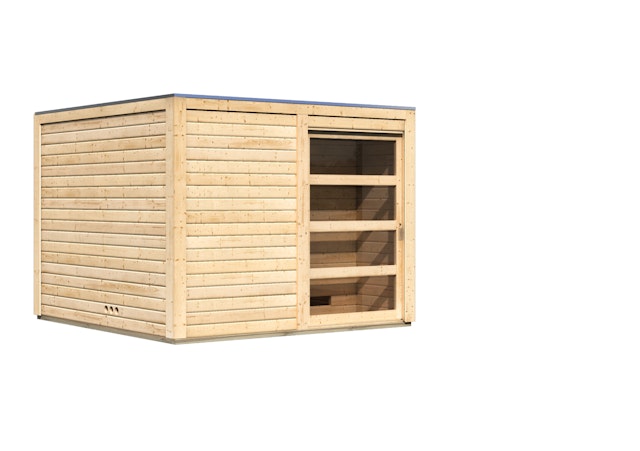 Karibu Gartensauna Saunahaus Cuben inkl. Vorraum, naturbelassen inkl. 9-teiligem gratis Zubehörpaket Vorschaubild Galerie
