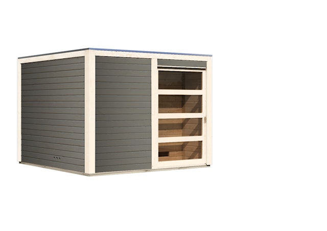 Karibu Gartensauna Saunahaus Cuben inkl. Vorraum, terragrau inkl. 9-teiligem gratis Zubehörpaket Vorschaubild Galerie