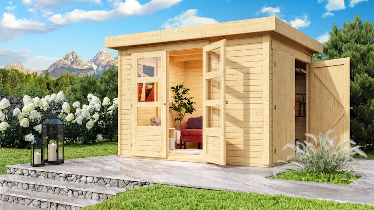 Karibu Woodfeeling Gartenhaus Retola 2/3/4/5/6 inkl. Anbauschrank - 19 mm inkl. gratis Innenraum-Pflegebox im Wert von 99€ Bild