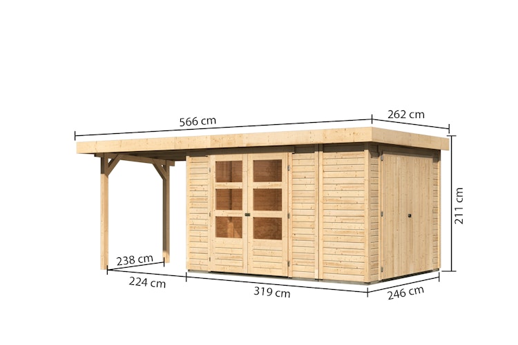 Karibu Woodfeeling Gartenhaus Retola 2/3/4/5/6 inkl. Anbauschrank u. 240 cm Schleppdach