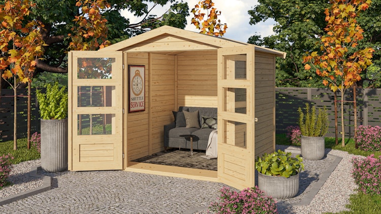 Karibu Woodfeeling Gartenhaus Amberg 2/3/4/5 naturbelassen - 19 mm inkl. gratis Innenraum-Pflegebox im Wert von 99€ Bild