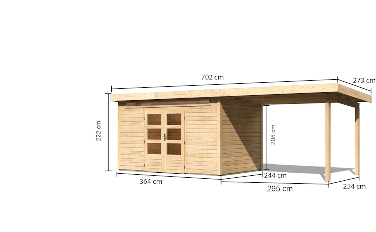 Karibu Woodfeeling Gartenhaus Kandern 6/6,5/7/9 mit 300 cm Schleppdach inkl. gratis Innenraum-Pflegebox im Wert von 99€ Bild