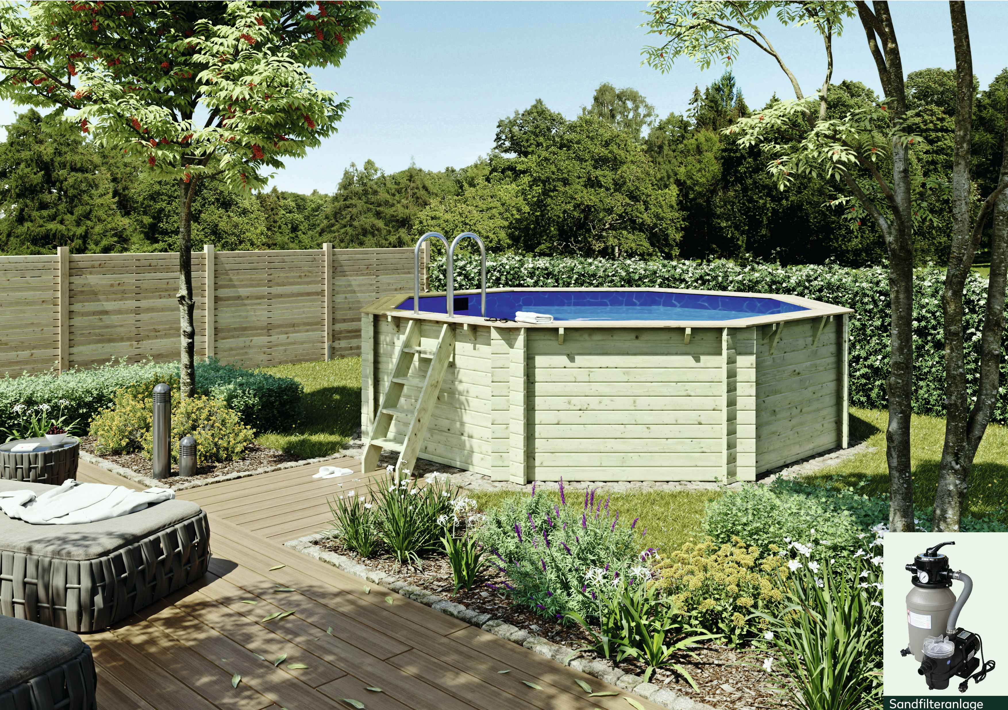 Wolff Finnhaus Pool Modell B - kesseldruckimprägniert - 470 x 470 cm inkl. Sandfilteranlage