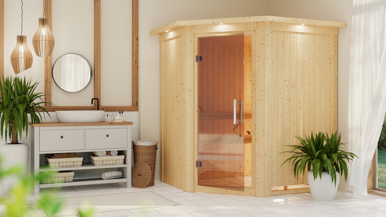 B-Ware Wolff Finnhaus de luxe Sauna Dorea mit Eckeinstieg 68 mm Bild