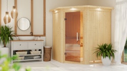 Wolff Finnhaus de luxe Sauna Dorea mit Eckeinstieg 68 mm
