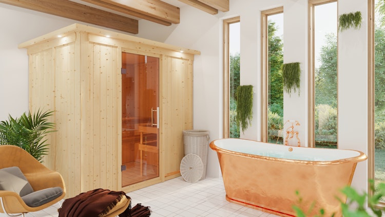 B-Ware Wolff Finnhaus de luxe Sauna Elaia mit Fronteinstieg 68 mm Bild