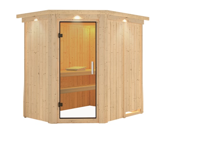 Wolff Finnhaus de luxe Sauna Helia mit Eckeinstieg 68 mm Vorschaubild Galerie