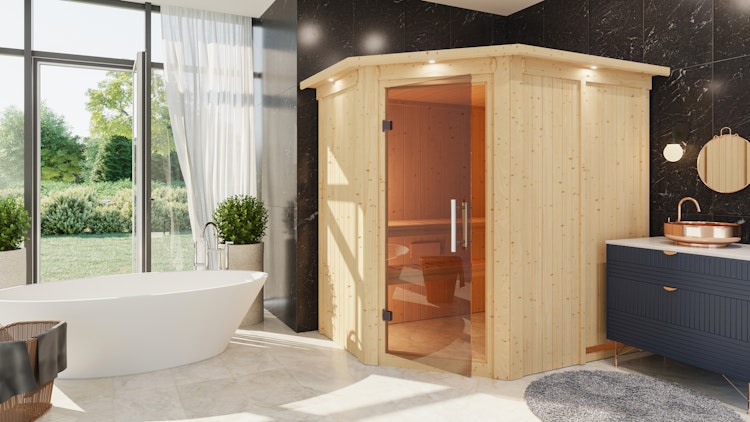 B-Ware Wolff Finnhaus de luxe Sauna Helia mit Eckeinstieg 68 mm Bild