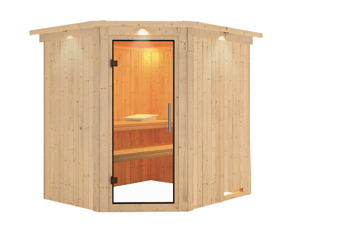 B-Ware Wolff Finnhaus de luxe Sauna Aliki mit Eckeinstieg 68 mm Bild