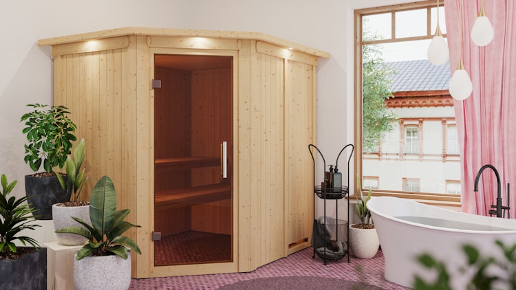 B-Ware Wolff Finnhaus de luxe Sauna Aliki mit Eckeinstieg 68 mm Bild