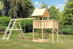 Akubi Kinderspielturm Lotti inkl. Doppelschaukel, Klettergerüst, Anbauplattform und Netzrampe inkl. gratis Zubehörset
