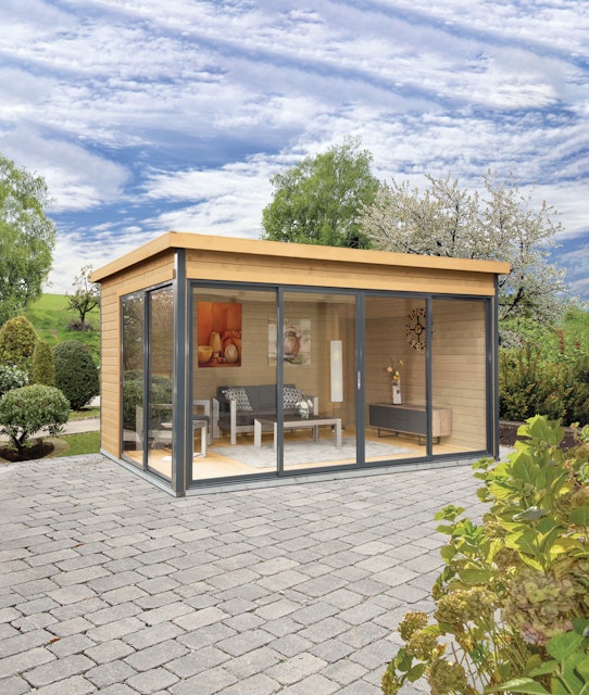 Wolff Finnhaus Gartenhaus Studio 44-D mit Alu-Eckverkleidung/Schiebetür inkl. gratis Fundamentanker/Pads Vorschaubild Galerie