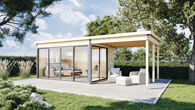 Wolff Finnhaus Gartenhaus Studio 44-D mit Seitendach sowie Alu-Eckverkleidung/Schiebetür inkl. gratis Fundamentanker/Pads Vorschaubild Galerie