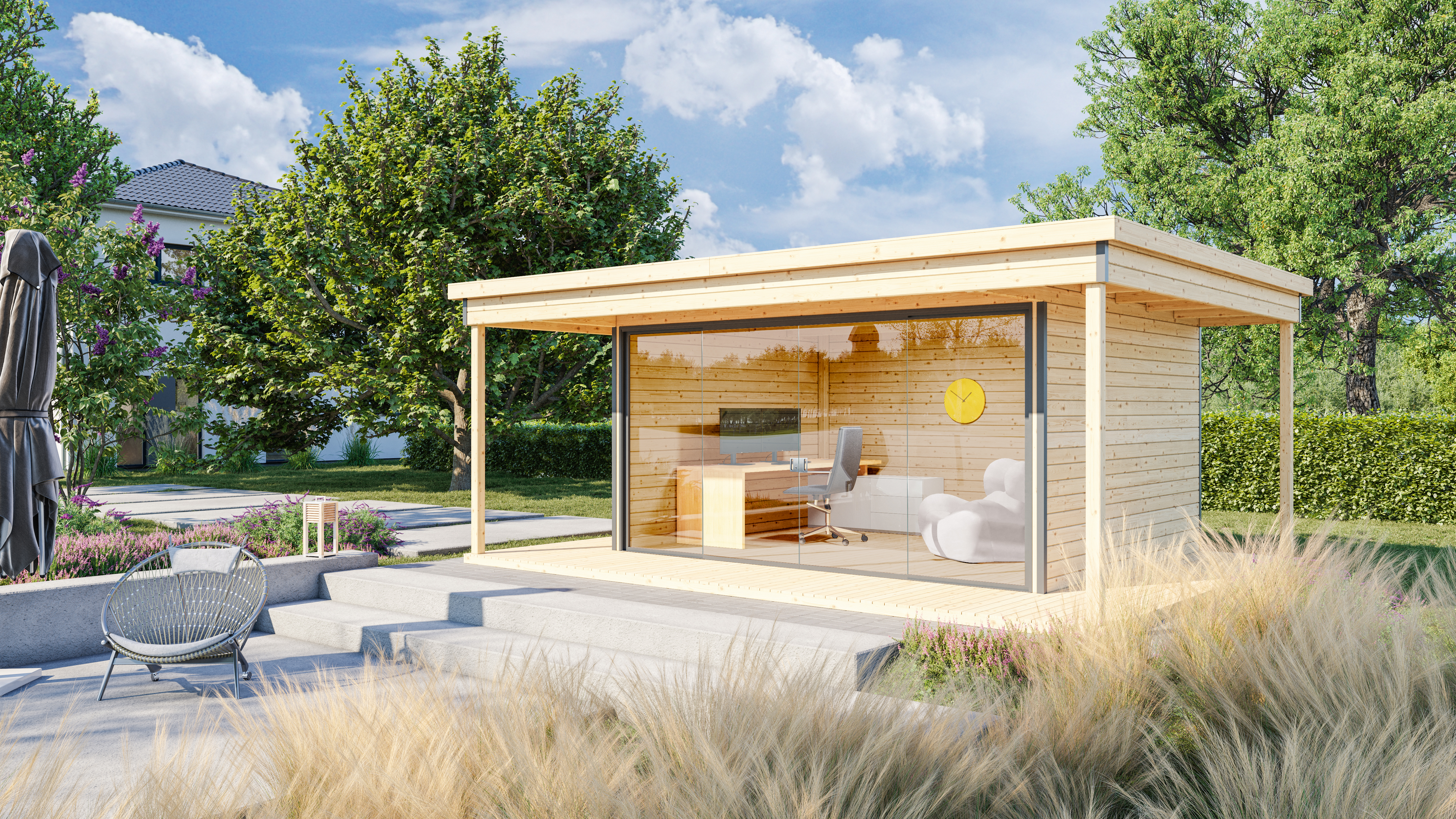 Vorschaubild Galerie Wolff Finnhaus Gartenhaus Studio 44 Panorama de luxe mit Alu-Eckverkleidung/Schiebetür inkl. gratis Fundamentanker/Pads