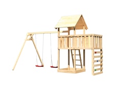 Akubi Kinderspielturm Lotti inkl. Doppelschaukel, Anbauplattform und Kletterwand inkl. gratis Akubi Farbystem & Kuscheltier