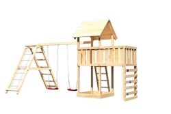 Akubi Kinderspielturm Lotti inkl. Doppelschaukel, Klettergerüst, Anbauplattform und Kletterwand inkl. gratis Akubi Farbsystem & Kuscheltier