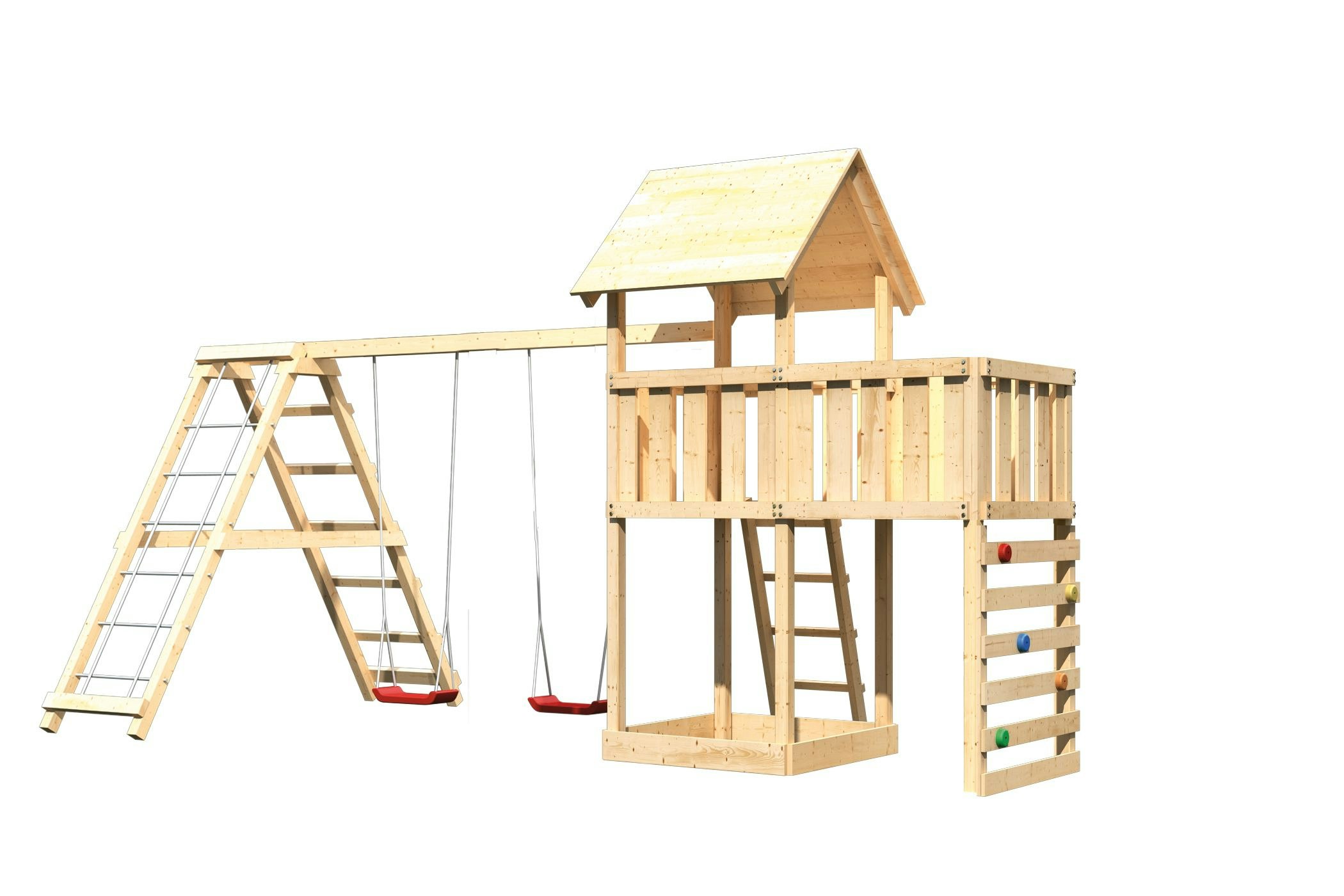 Akubi Kinderspielturm Lotti inkl. Doppelschaukel, Klettergerüst, Anbauplattform und Kletterwand inkl. gratis Zubehörset