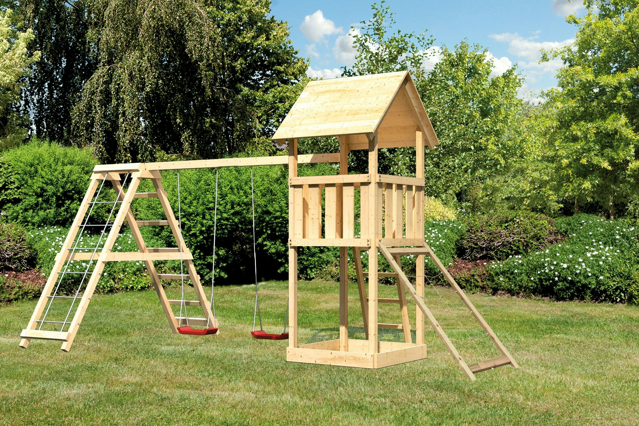 Akubi Kinderspielturm Lotti inkl. Doppelschaukel, Klettergerüst und Netzrampe inkl. gratis Zubehörset