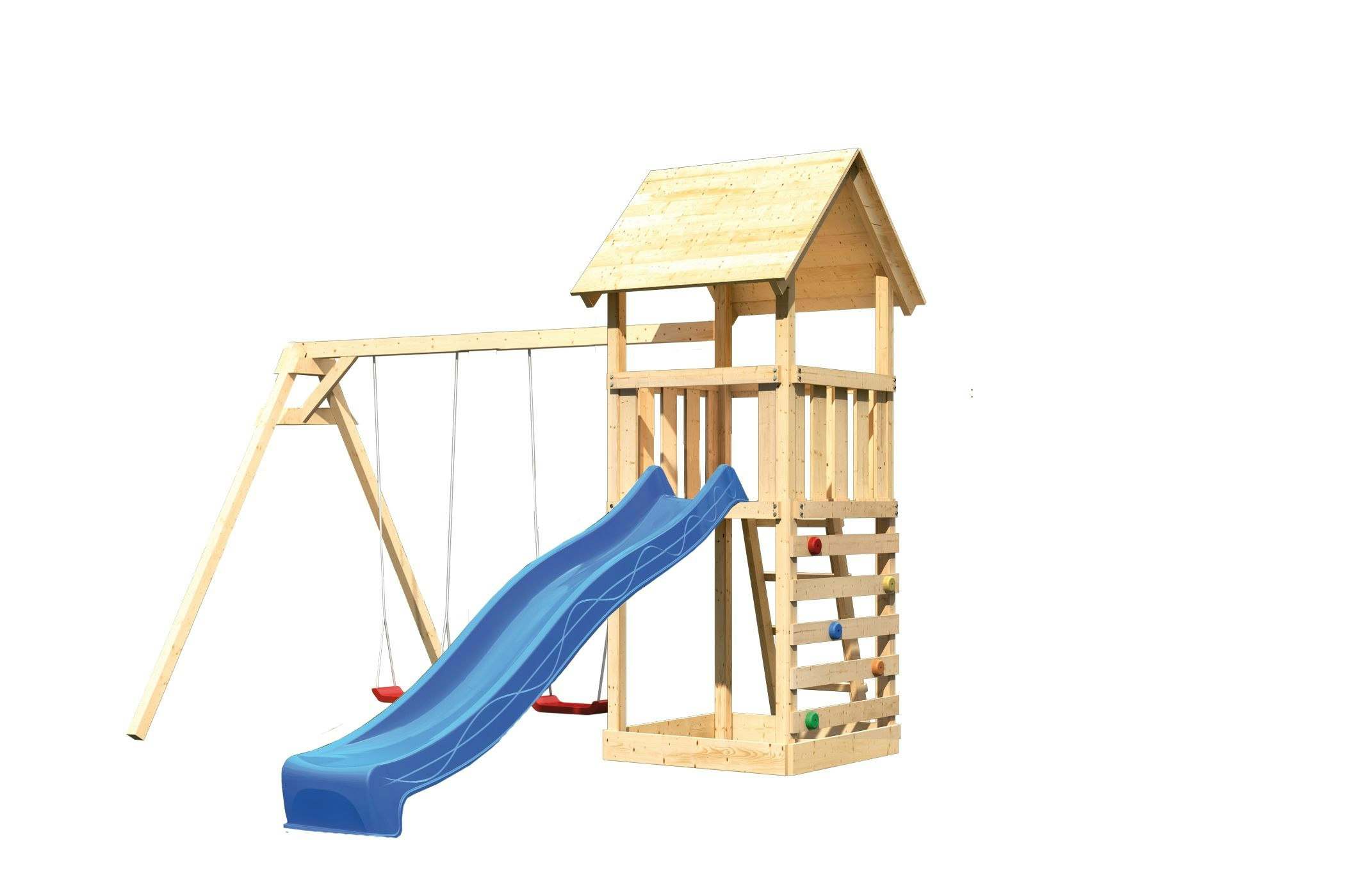 Akubi Kinderspielturm Lotti mit Satteldach inkl. Wellenrutsche, Doppelschaukelanbau und Kletterwand inkl. gratis Zubehörset