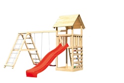 Akubi Kinderspielturm Lotti mit Satteldach inkl. Wellenrutsche, Doppelschaukelanbau, Klettergerüst und Kletterwand