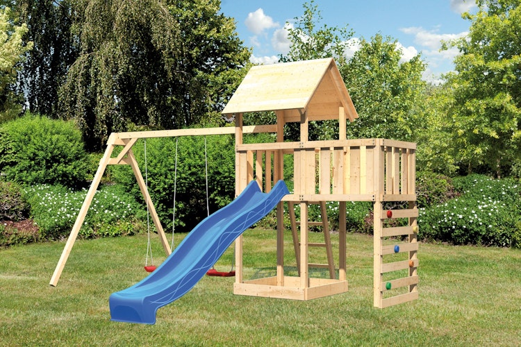 Akubi Kinderspielturm Lotti mit Satteldach inkl. Wellenrutsche, Doppelschaukelanbau, Anbauplattform und Kletterwand