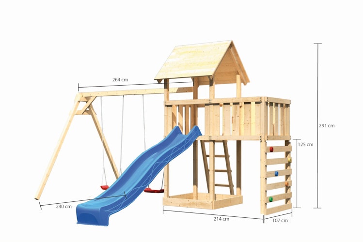 Akubi Kinderspielturm Lotti mit Satteldach inkl. Wellenrutsche, Doppelschaukelanbau, Anbauplattform und Kletterwand