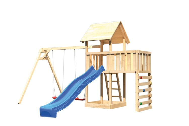 Akubi Kinderspielturm Lotti mit Satteldach inkl. Wellenrutsche, Doppelschaukelanbau, Anbauplattform und Kletterwand