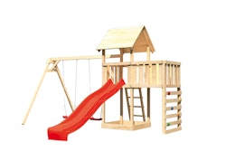 Akubi Kinderspielturm Lotti mit Satteldach inkl. Wellenrutsche, Doppelschaukelanbau, Anbauplattform und Kletterwand