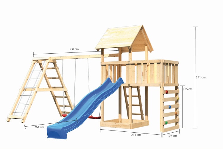 Akubi Kinderspielturm Lotti mit Satteldach inkl. Wellenrutsche, Doppelschaukelanbau, Klettergerüst, Anbauplattform und Kletterwand