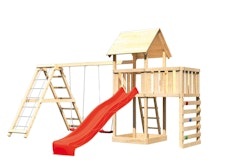 Akubi Kinderspielturm Lotti mit Satteldach inkl. Wellenrutsche, Doppelschaukelanbau, Klettergerüst, Anbauplattform und Kletterwand