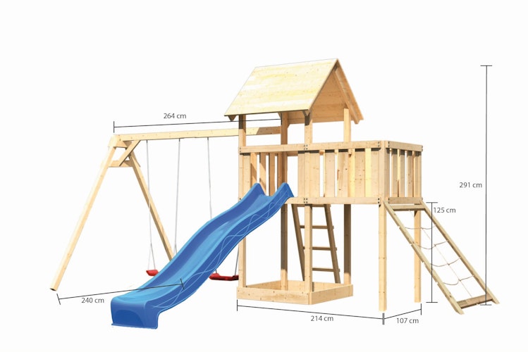 Akubi Kinderspielturm Lotti mit Satteldach inkl. Wellenrutsche, Doppelschaukelanbau, Anbauplattform und Netzrampe