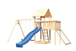 Akubi Kinderspielturm Lotti mit Satteldach inkl. Wellenrutsche, Doppelschaukelanbau, Anbauplattform und Netzrampe
