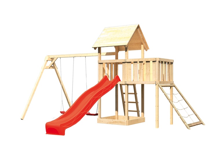 Akubi Kinderspielturm Lotti mit Satteldach inkl. Wellenrutsche, Doppelschaukelanbau, Anbauplattform und Netzrampe