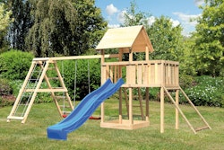 Akubi Kinderspielturm Lotti mit Satteldach inkl. Wellenrutsche, Doppelschaukelanbau, Klettergerüst, Anbauplattform und Netzrampe inkl. gratis Zubehörset