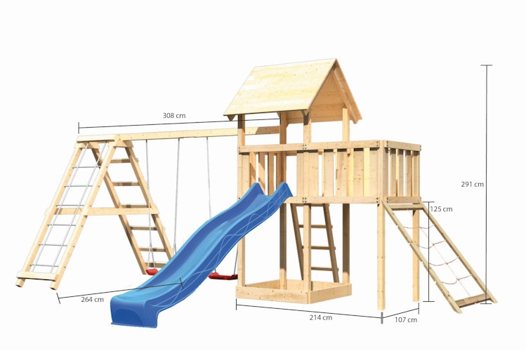 Akubi Kinderspielturm Lotti mit Satteldach inkl. Wellenrutsche, Doppelschaukelanbau, Klettergerüst, Anbauplattform und Netzrampe Bild