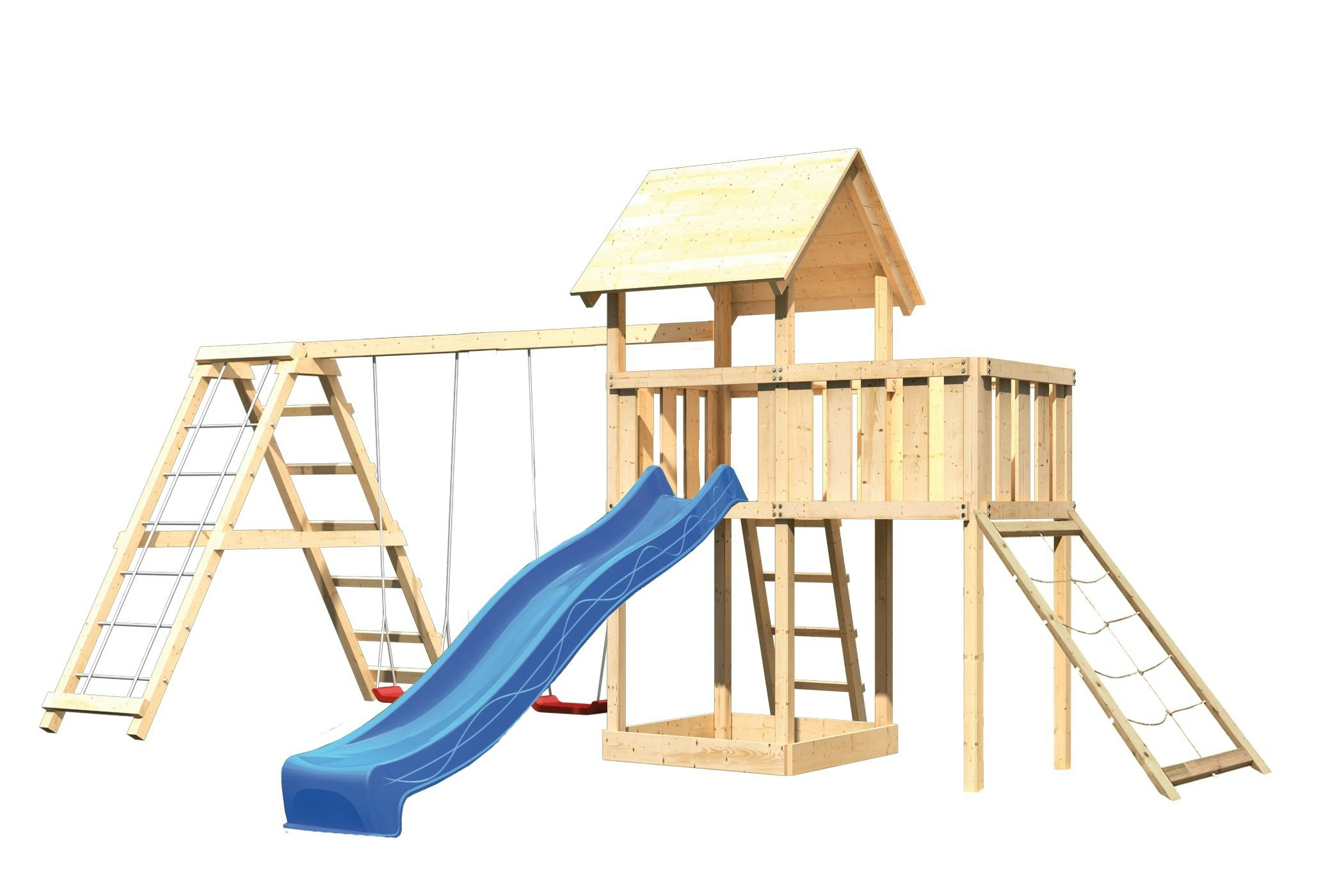 Akubi Kinderspielturm Lotti mit Satteldach inkl. Wellenrutsche, Doppelschaukelanbau, Klettergerüst, Anbauplattform und Netzrampe inkl. gratis Zubehörset