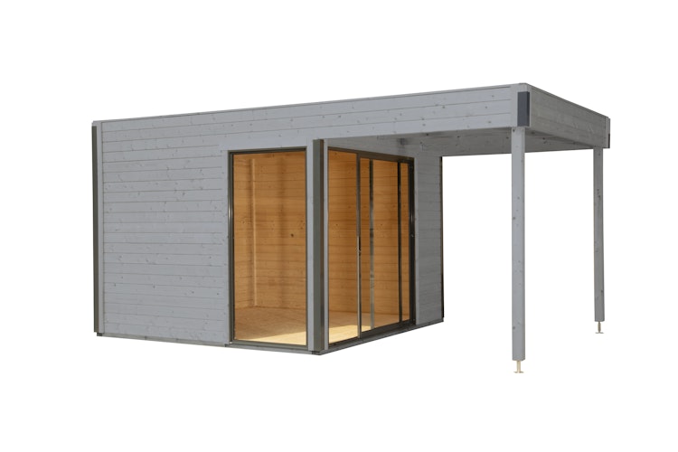 Wolff Finnhaus Gartenhaus Studio 44-B mit Alu-Eckverkleidung/Schiebetür und 200 cm Lounge Anbau (Starletta 5232)
