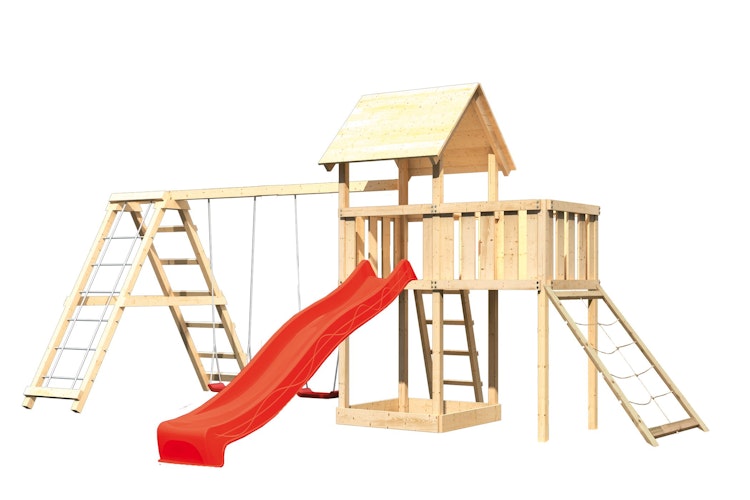 Akubi Kinderspielturm Lotti mit Satteldach inkl. Wellenrutsche, Doppelschaukelanbau, Klettergerüst, Anbauplattform und Netzrampe Bild