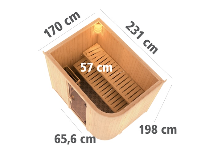 Karibu Sauna Titania 4 mit Fronteinstieg 68 mm inkl. gratis Saunaofen & 8-teiligem Zubehörpaket (Gesamtwert 741,91€)