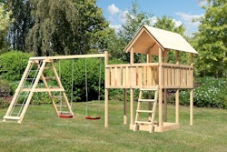 Akubi Kinderspielturm Danny inkl. Doppelschaukelgerüst und Anbauplattform inkl. gratis Zubehörset