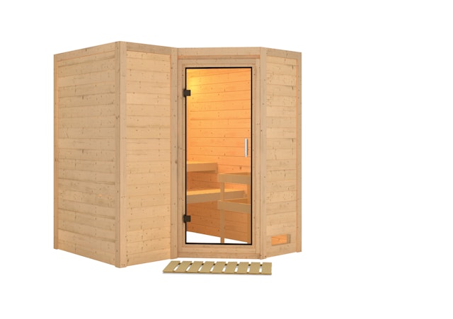 Karibu Sauna Sahib 1-Massivholzsauna 38 mm-Fronteinstieg -Exklusivoptik inkl. 9-teiligem gratis Zubehörpaket Vorschaubild Galerie