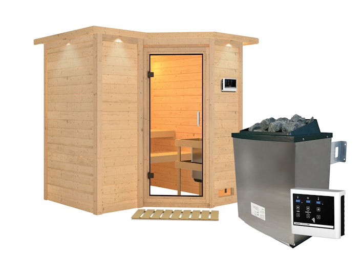 Karibu Sauna Sahib 1-Massivholzsauna 38 mm-Fronteinstieg -Exklusivoptik
