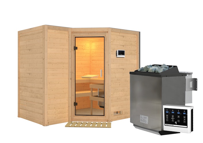 Karibu Sauna Sahib 2-Massivholzsauna 38 mm -Eckeinstieg - Exklusivoptik
