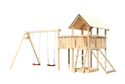 Akubi Kinderspielturm Danny inkl. Doppelschaukelanbau, Anbauplattform und Netzrampe inkl. gratis Zubehörset