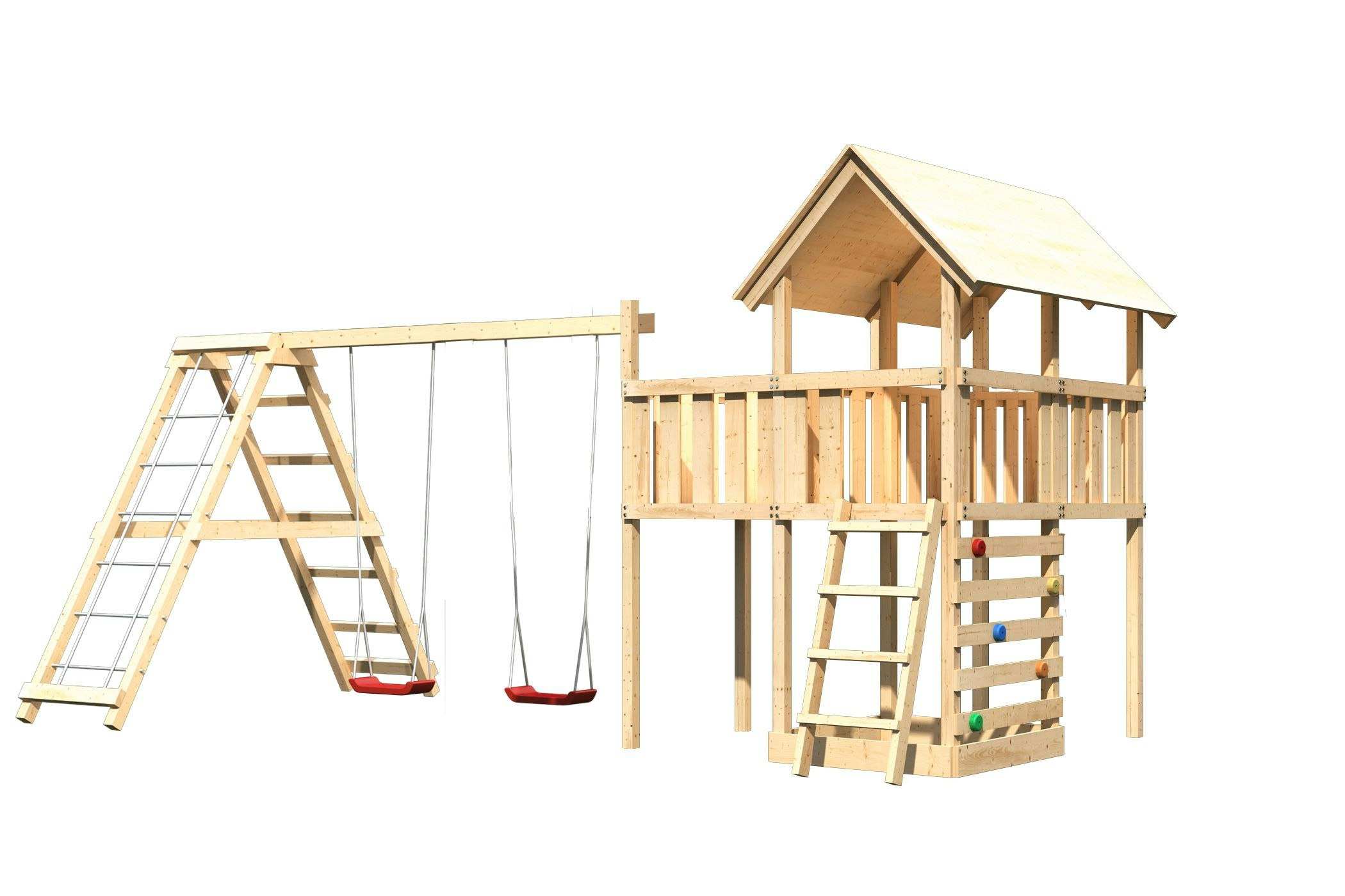 Akubi Kinderspielturm Danny inkl. Doppelschaukelgerüst, Anbauplattform und Kletterwand inkl. gratis Zubehörset